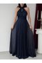Navy Blue Halter Neck Long Evening Dress with Waist Detail - 5