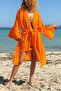 Orange Bat Sleeve Washable Belted Garnished Cotton Casual Woven Kimono Jacket 110 55 - 4