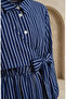 Half-Buttoned Elastic Waist Striped Dress 0320-06 Navy Blue - 4
