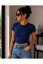 Women's Navy Blue Drawstring Detailed Crop Blouse – Camisole Fabric, Side Drawstring, Stylish Short Sleeve Crop T-Shirt – Modern Design for Casual and Urban Style