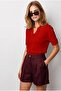 Women's Red Viscose Polo Collar Openwork Draped Knitwear Blouse Blz-19003363 - 3