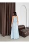 Blue Adjustable Collar Tie-Front Patterned Long Dress - 7