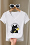 Women's I Choose Violence Black Cat Printed Basic Daily Use V-Neck Slim Fit Lycra T-Shirt
