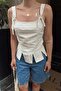 Beige Gesi Waist Cut-Out Thick Strap Back Zipper Women's Crop Blouse - 4