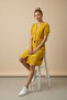 Women's Mustard Linen Look Midi Belted Buttoned Dress with Elasticated Sleeves - 3