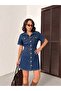Dark Blue Denim Jeans Dress with Front and Back Pouches and Full Button Closure - 3