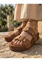 Women's High Sole Stone Detailed Cork Sole Slippers-Taba - 4