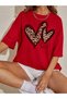 Bı Kind Printed Red Women's / Girls Oversize Casual T-Shirt Boyfriend - 3