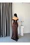 Brown Boat Neck Slit Long Satin Evening Dress - 7