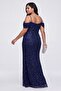 Women's Navy Blue Thin Straps Boat Neck Beaded Plus Size Evening Dress - 6