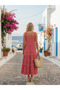 Women's Red and White Striped Summer Strap Long Dress - 3