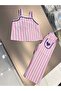Girl's Linen Pink Striped Strap Blouse and Pants Set - 8