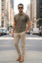 Khaki Polo Collar Men's T-Shirt Regular Fit 100% Cotton with Striped Collar Detail - 8
