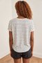 Women's Striped Ecru Navy Blue V-Neck Off-Shoulder Dirty Stitched Short Sleeve Thsirt with Piping Detail - 5