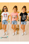 Summer Bandana Cat, Curious Cat, Cats in Cups Printed Girls' Black, White, Pink Colors 3-Piece T-Shirt Set - 2