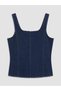 Navy Blue Square Neck Zippered Jean Blouse - 7