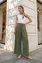 Lace-Up Waist Detailed Pleated Loose Crepe Trousers Khaki