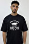 Cat Sleeping Design Printed Oversize Black T-Shirt