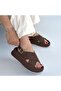 Women's Brown Cross-Strapped Leather Sandals with Belt Buckle - Usra - 4