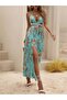Women's Rope Strap Halter Neck V-Neck Slit Long Patterned Single Jersey Turquoise Dress - 2