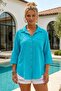 Turquoise Shirt Collar 3/4 Sleeve Buttoned Pocketed Embroidered Casual Cotton Woven Shirt 75 60 - 3