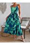 Women's Rope Strap V-Neck Long Patterned Single Jersey Dress with Belt at the Waist - 2
