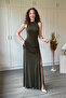 Drawstring Waist Slit High Neck Maxi Khaki Dress - 2