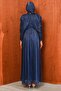 Navy Blue Draped Janjan Evening Dress with Stones on the Waist - 5