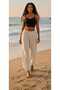 Women's Natural Linen Pants with Elastic Waist and Cuffs, Fine Textured - 2