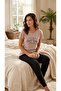 Women's Short Sleeve Beige Top Black Bottom Polka Dot Pajama Set - 2