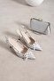 Polkia Polka Dot Patterned White Satin Bow Detailed Pointed Toe Slingback 7 cm Thin Heeled Shoes and Chain Strap Bag Set