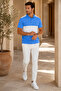 Men's Cobalt Blue White Color Block Polo Collar T-Shirt - 3