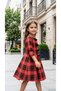 Girls' Striped Red Plaid Patterned Velvet Buttoned Long Sleeve Below Knee Dress - 3