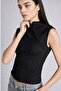 Slim Fit Half Turtleneck Wrinkled Textured Short Sleeve Black T-Shirt I1497Ax26Sm