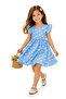 Girl's Blue Bow Patterned Ruffle Sleeve Cotton Summer Casual Dress
