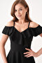 Women's Black Flounce Detailed Strappy Shoulder Low-Cut Mini Dress 077 - 2