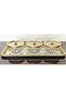 Wicker Frame Full Gold Bowl Set with Tray & Sugar Bowl & Serving Plate & Snack Bowl - with Striped Bowl