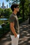 Men's Printed Crew Neck Khaki Loose T-Shirt - 3