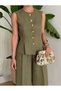 Mona Gold Button Detailed Women's Linen Vest and Trousers Set - Khaki - 2