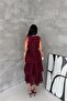 Women's Burgundy Double-Breasted Layered Belted Midi Dress Nbk4674 - 5