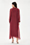 Burgundy Italian Collar Ruffled Half Placket Buttoned Collar Lined Long Silk Dress 38 - 44 Size - 3