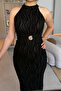 Halter Neck Glittering Elegant Black Midi Dress with Gold Accessories - 6
