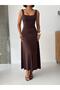 Crep Women's Square Neck Maxi Dress with Straps Sandy Fabric Flared Cut Brown Dress