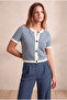 Women's Blue / Ecru Patterned Knitwear Look Regular Fit Crew Neck Buttoned Short Sleeve Cardigan Romilly - 2