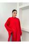 Women's Oversize High Collar Side Deep Slit Wrinkled Textured Long Tunic Dress 9111 - Red - 2