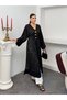 Women's V-Neck Waist-Tied Gold Detailed Wide Sleeve Jacquard Patterned Long Kimono 9088 - Black - 3