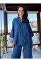 Navy Blue Denim Tencel Shirt and Pants Set - 7