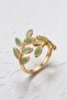 Women's Premium Ring Adjustable Gold Plated Green Enamel Leaf Ring - 2