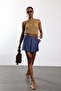 Navy Blue Contrast Stitched Pleated Denim Skirt 4531 - 2