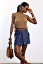 Navy Blue Contrast Stitched Pleated Denim Skirt 4531 - 3